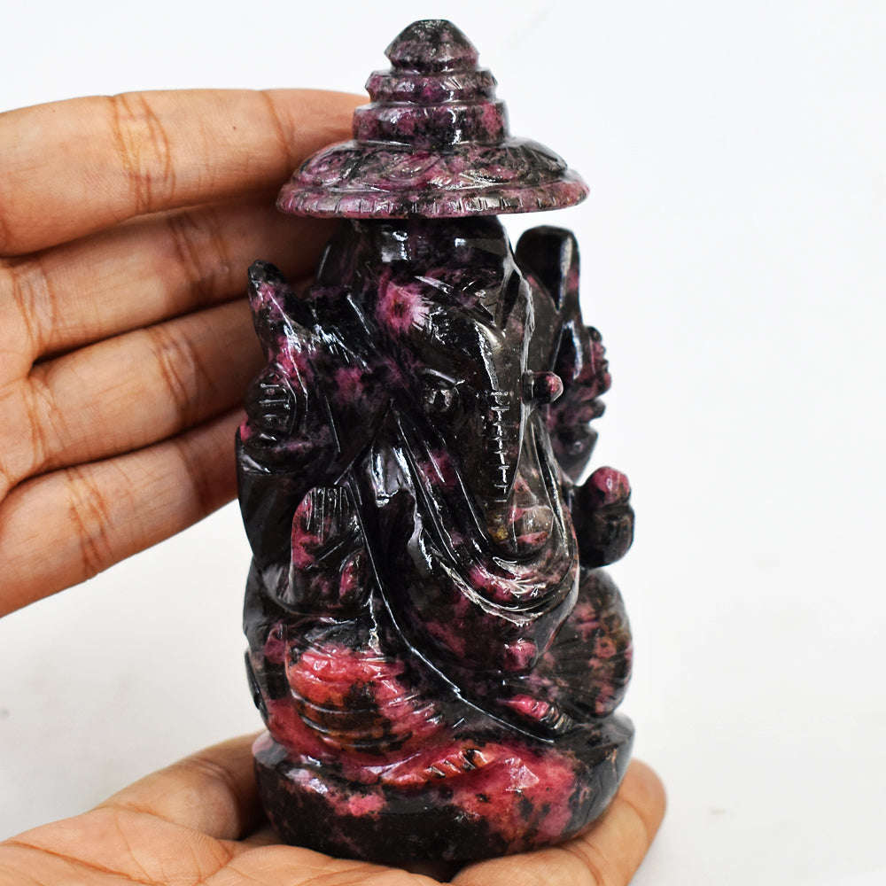 gemsmore:Beautiful  Rhodonite Hand Carved Ganesha With Throne