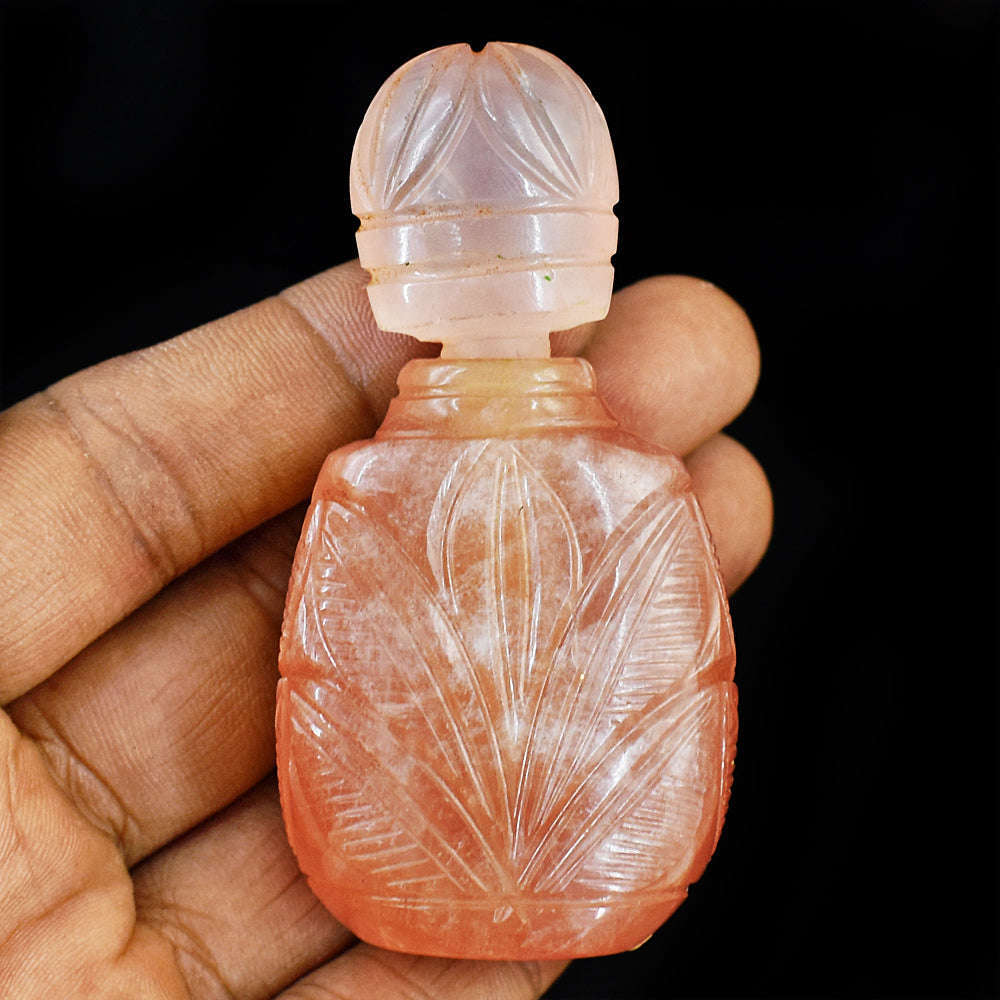 gemsmore:Beautiful Rose Quartz  Hand Carved Genuine Crystal Gemstone Carving Perfume Bottle