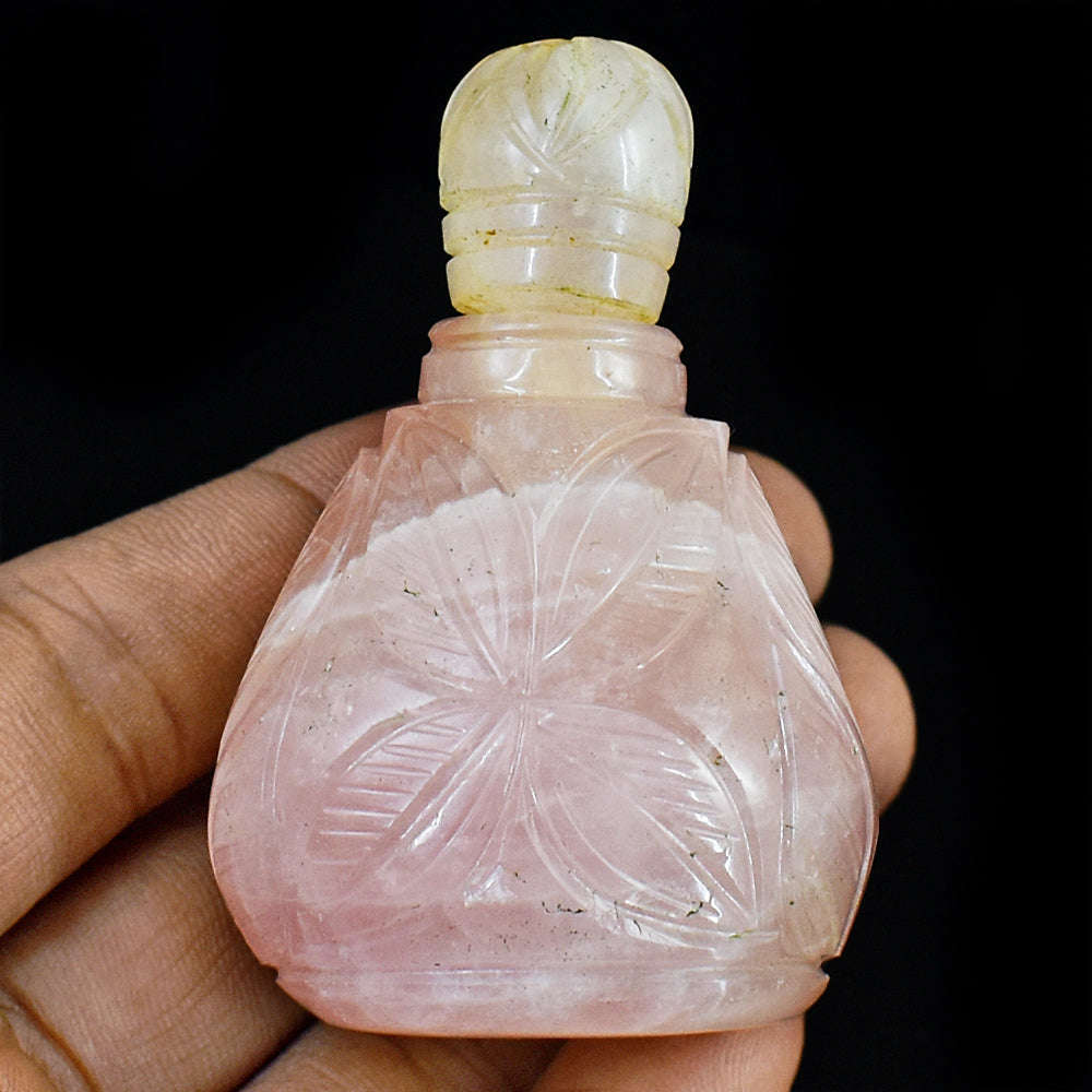 gemsmore:Beautiful Rose Quartz  Hand Carved Genuine Crystal Gemstone Carving Perfume Bottle