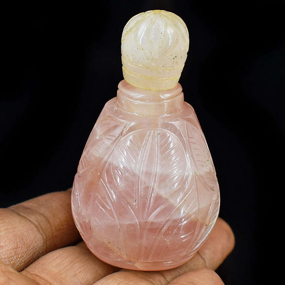 gemsmore:Beautiful Rose Quartz  Hand Carved Genuine Crystal Gemstone Carving Perfume Bottle