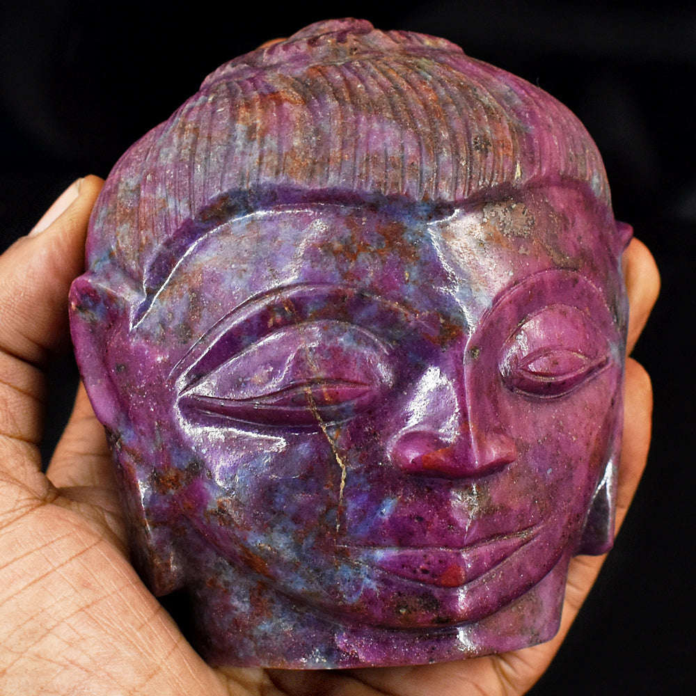 gemsmore:Beautiful Ruby Zoisite Hand Carved Genuine Crystal Gemstone Carving Buddha Head
