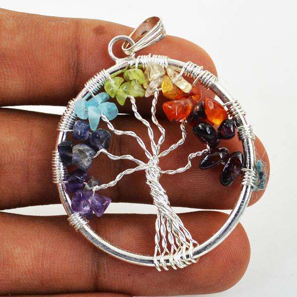 gemsmore:Beautiful Seven Chakra Round Shape Healing Tree Pendant