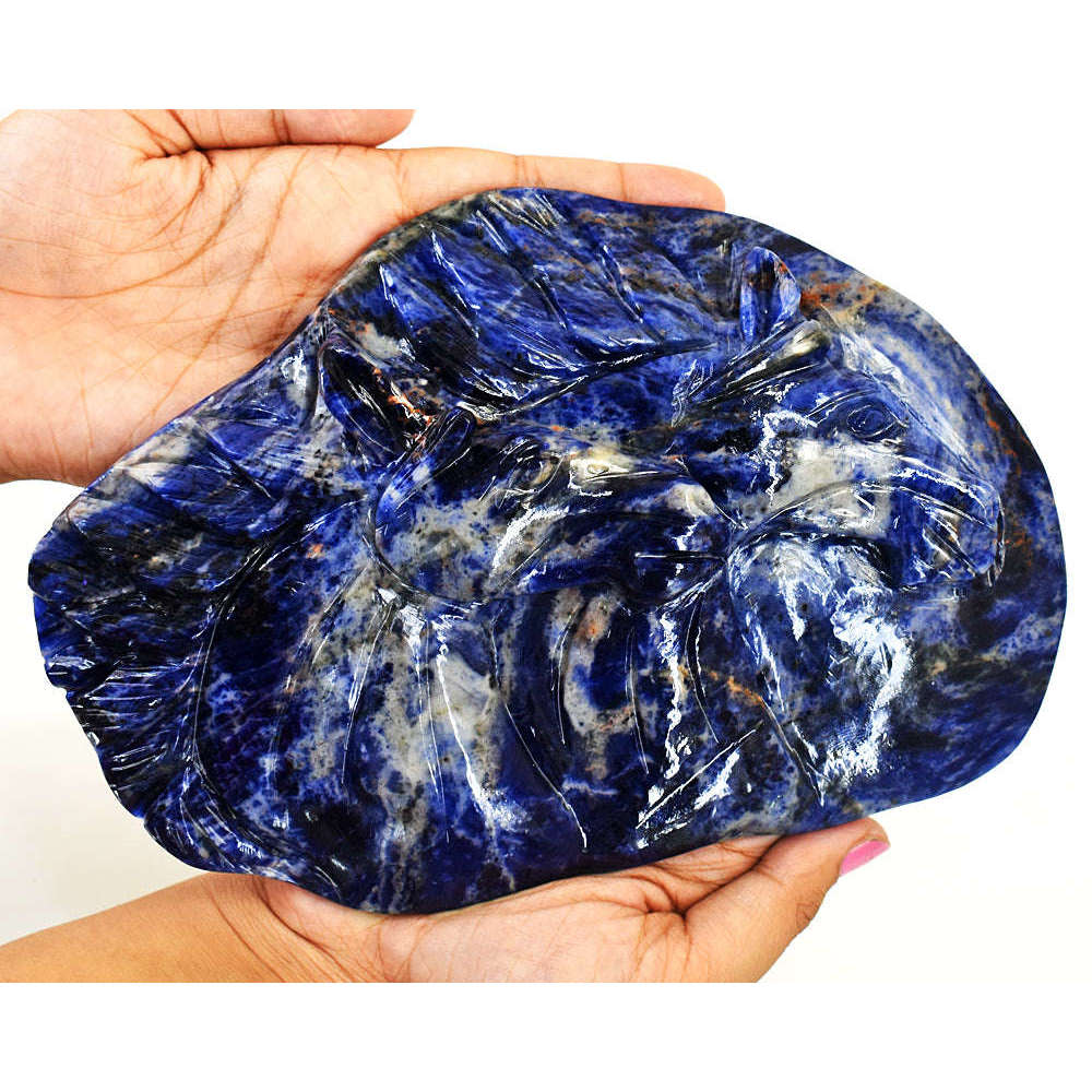 gemsmore:Beautiful Sodalite Hand Carved Genuine Crystal Gemstone Carving Massive Wolf