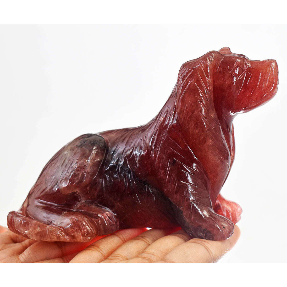 gemsmore:Beautiful Strawberry Quartz Hand Carved Craftsmen Carved Crystal Dog Gemstone