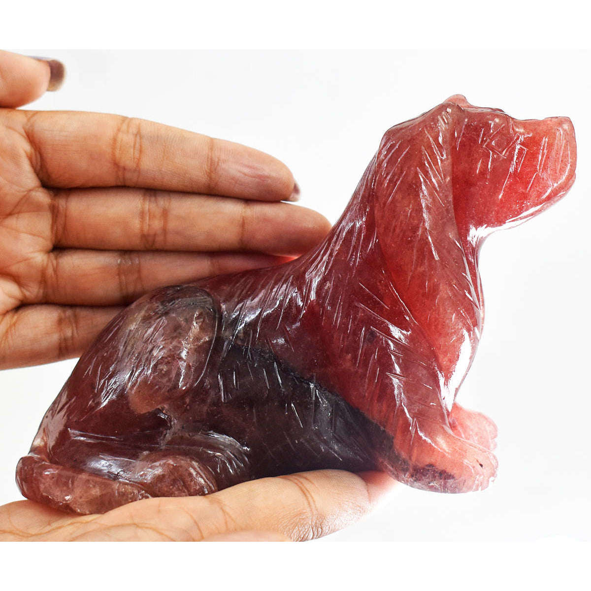gemsmore:Beautiful Strawberry Quartz Hand Carved Craftsmen Carved Crystal Dog Gemstone