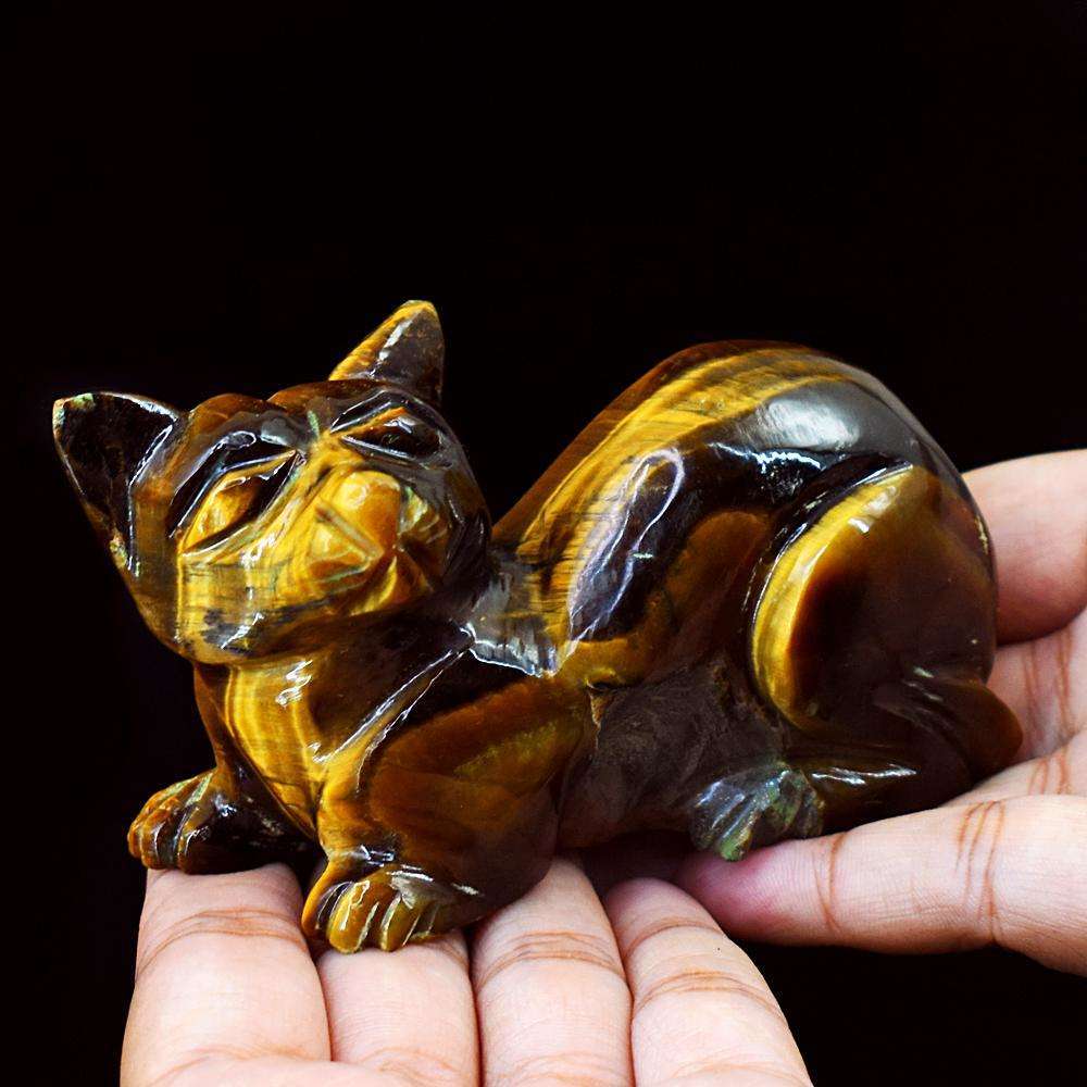 gemsmore:Beautiful Tiger Eye Hand Carved Cat