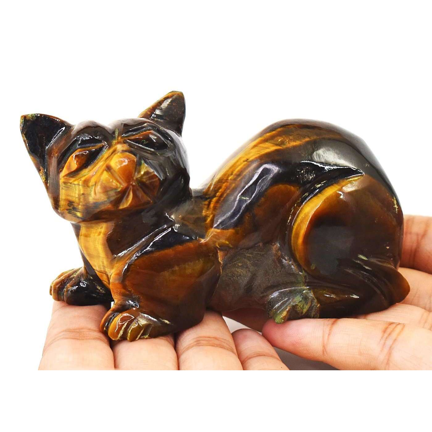 gemsmore:Beautiful Tiger Eye Hand Carved Cat