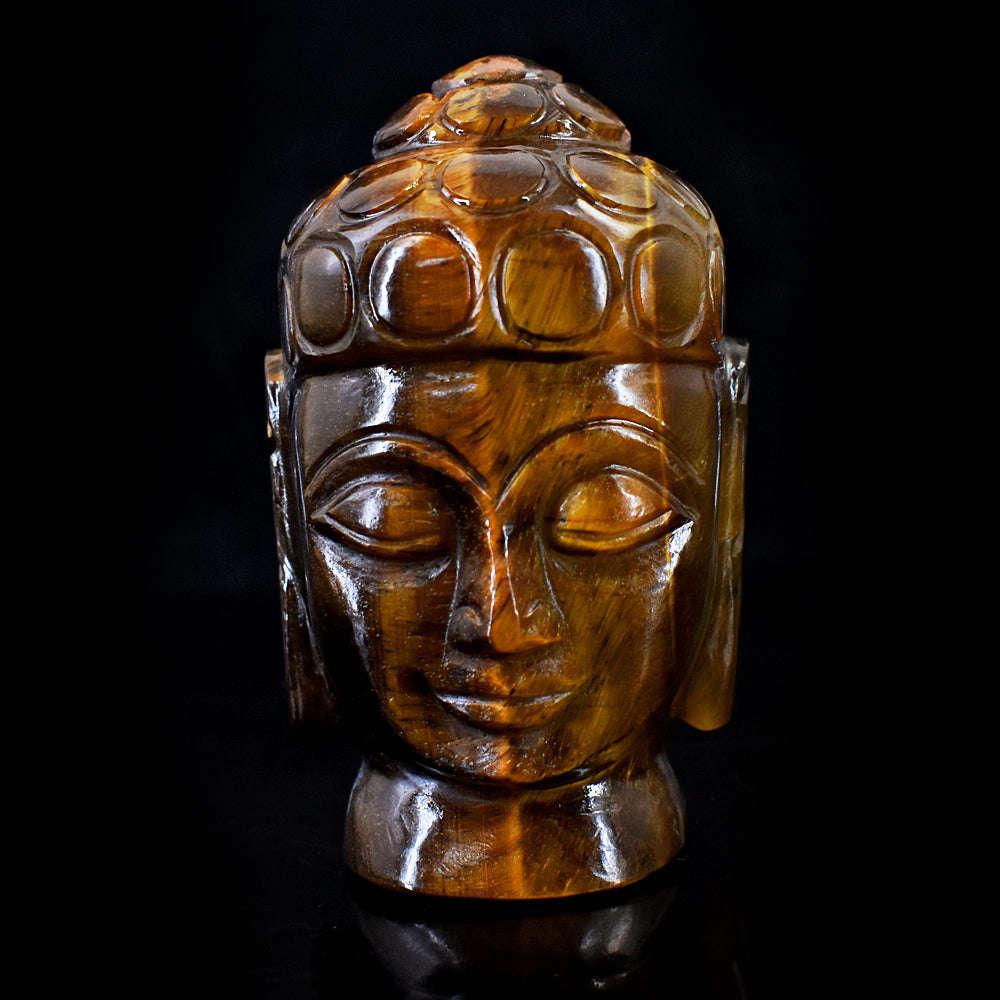 gemsmore:Beautiful Tiger Eye Hand Carved Genuine Crystal Gemstone Carving Buddha Head