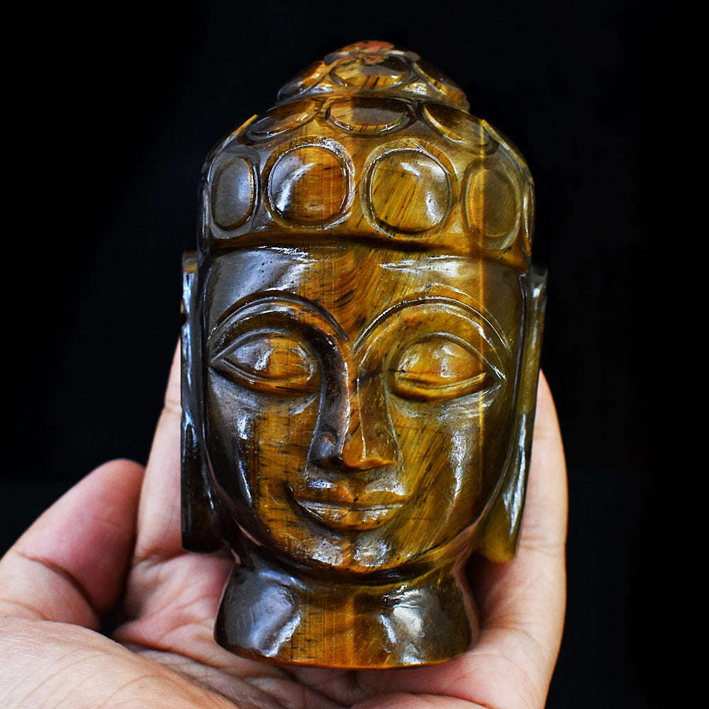 gemsmore:Beautiful Tiger Eye Hand Carved Genuine Crystal Gemstone Carving Buddha Head