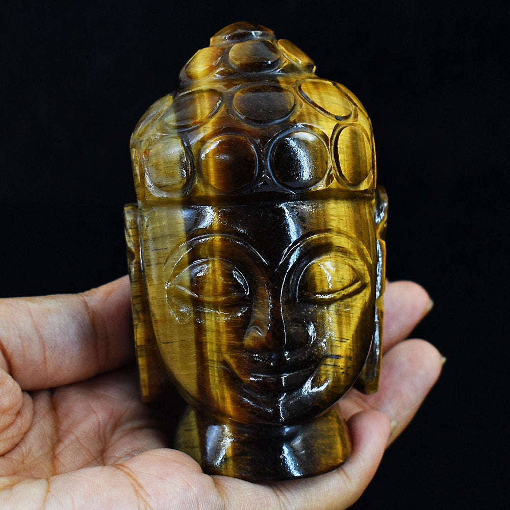 gemsmore:Beautiful Tiger Eye Hand Carved Genuine Crystal Gemstone Carving Buddha Head