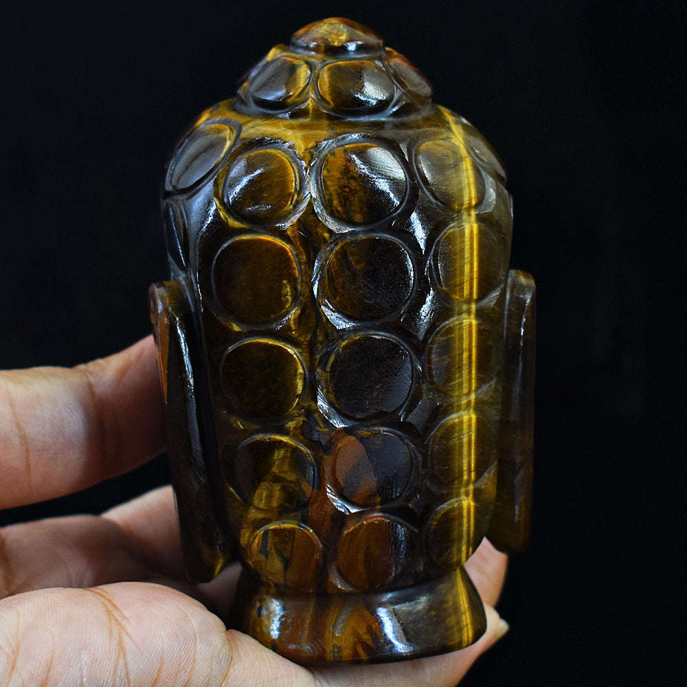 gemsmore:Beautiful Tiger Eye Hand Carved Genuine Crystal Gemstone Carving Buddha Head