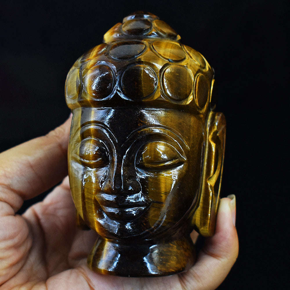 gemsmore:Beautiful Tiger Eye Hand Carved Genuine Crystal Gemstone Carving Buddha Head