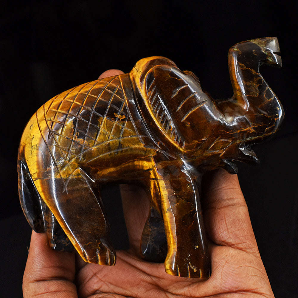 gemsmore:Beautiful Tiger Eye Hand Carved Genuine Crystal Gemstone Carving Elephant