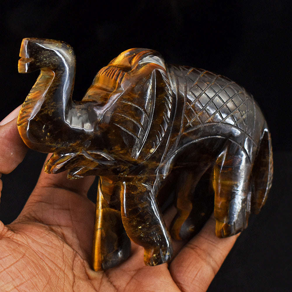 gemsmore:Beautiful Tiger Eye Hand Carved Genuine Crystal Gemstone Carving Elephant