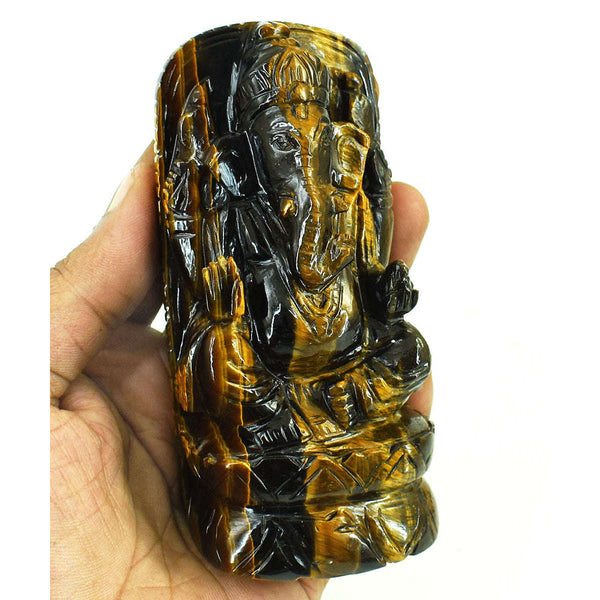 gemsmore:Beautiful Tiger Eye Hand Carved Genuine Crystal Gemstone Carving Lord Ganesha