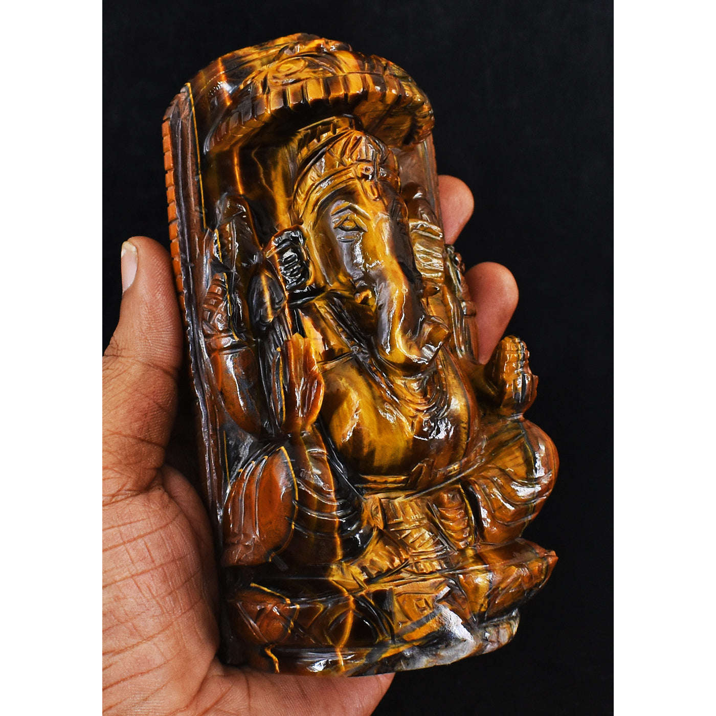 gemsmore:Beautiful Tiger Eye Hand Carved Genuine Crystal Gemstone Carving Lord Ganesha