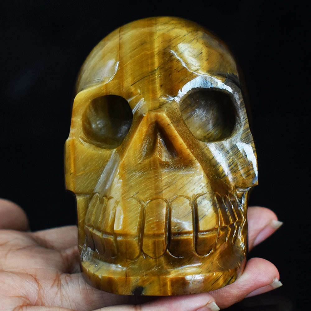 gemsmore:Beautiful Tiger Eye Hand Carved Genuine Crystal Gemstone Carving Skull