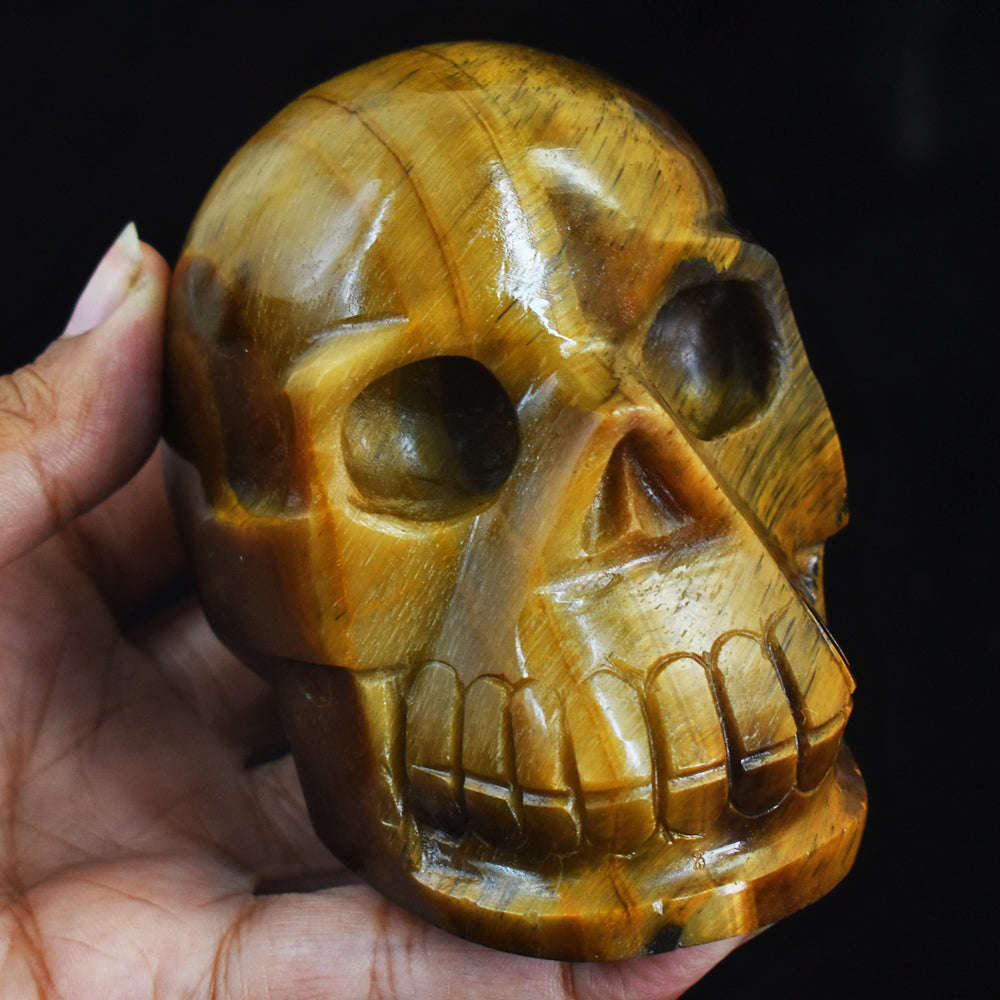 gemsmore:Beautiful Tiger Eye Hand Carved Genuine Crystal Gemstone Carving Skull