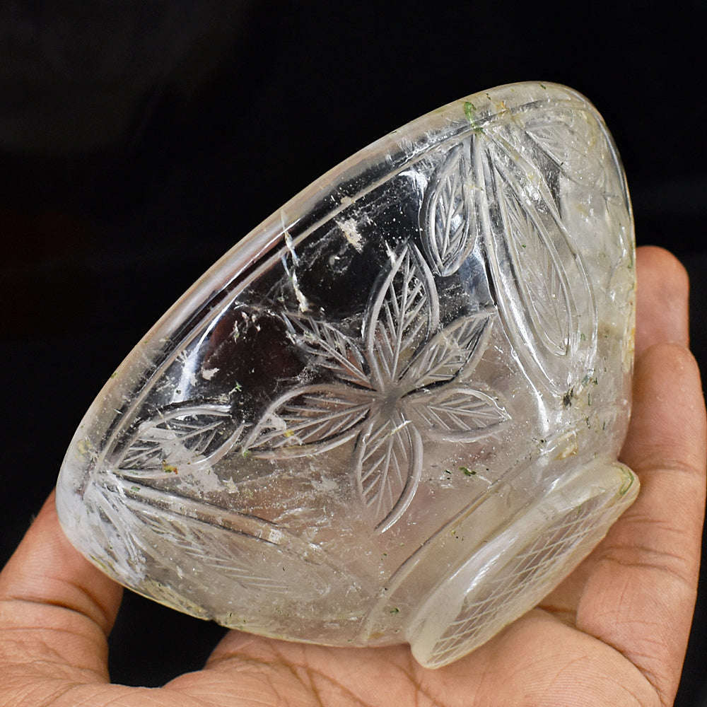 gemsmore:Beautiful White Quartz Hand Carved Genuine Crystal Gemstone Carving Bowl