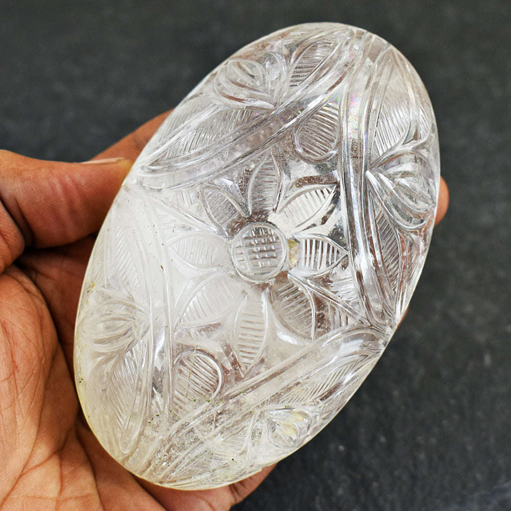 gemsmore:Beautiful White Quartz  Hand Carved Genuine Crystal Gemstone Carving Mughal Carved Cabochon