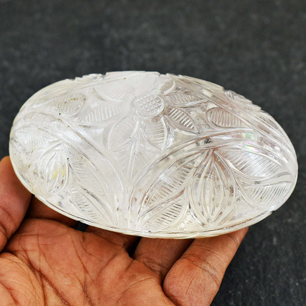 gemsmore:Beautiful White Quartz  Hand Carved Genuine Crystal Gemstone Carving Mughal Carved Cabochon