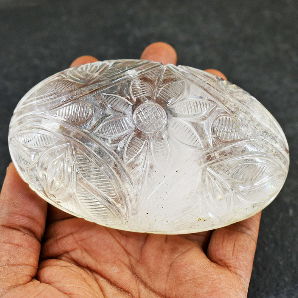gemsmore:Beautiful White Quartz  Hand Carved Genuine Crystal Gemstone Carving Mughal Carved Cabochon