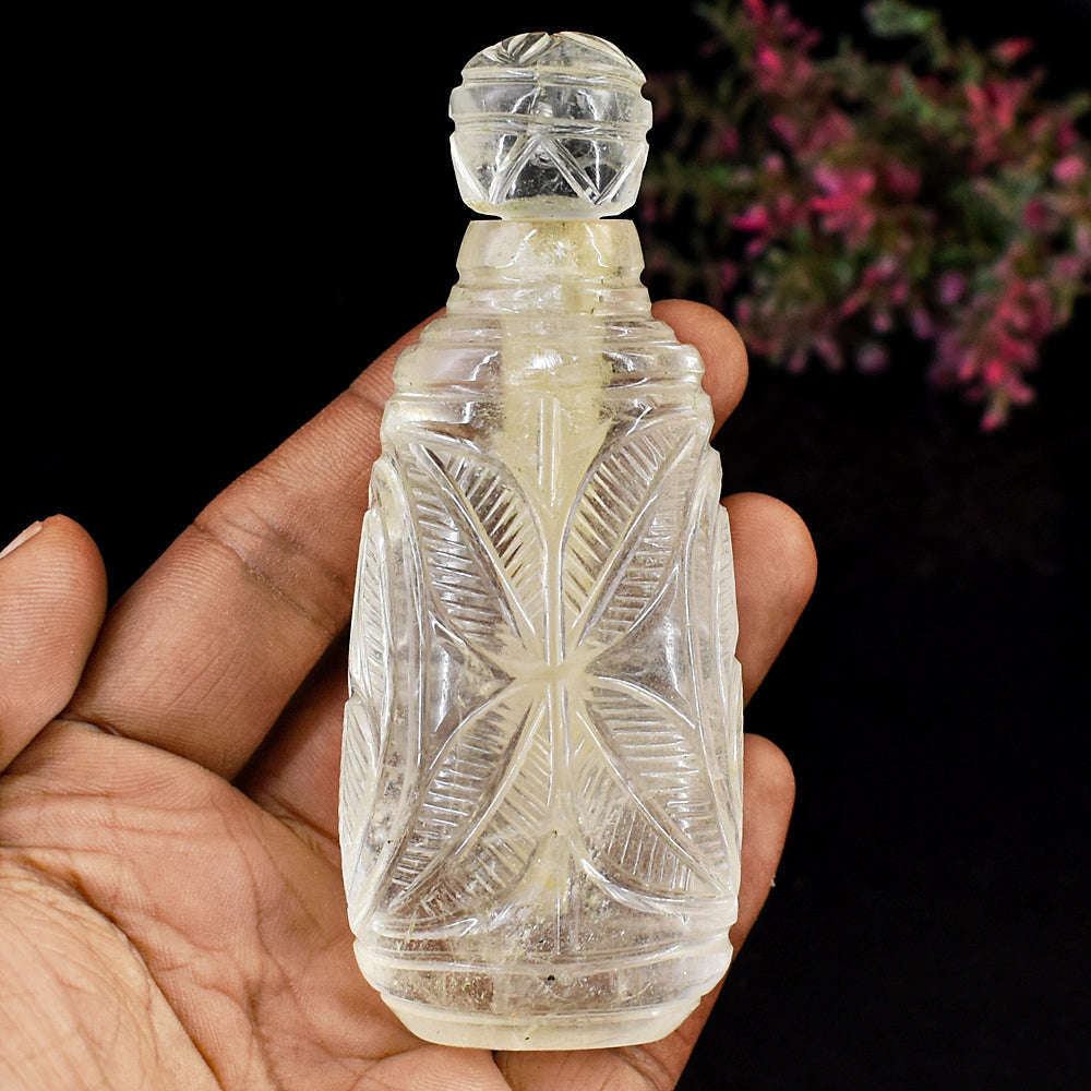 gemsmore:Beautiful White Quartz Hand Carved Genuine Crystal Gemstone Carving Perfume Bottle