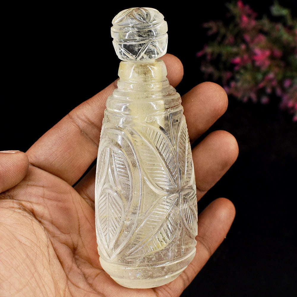 gemsmore:Beautiful White Quartz Hand Carved Genuine Crystal Gemstone Carving Perfume Bottle