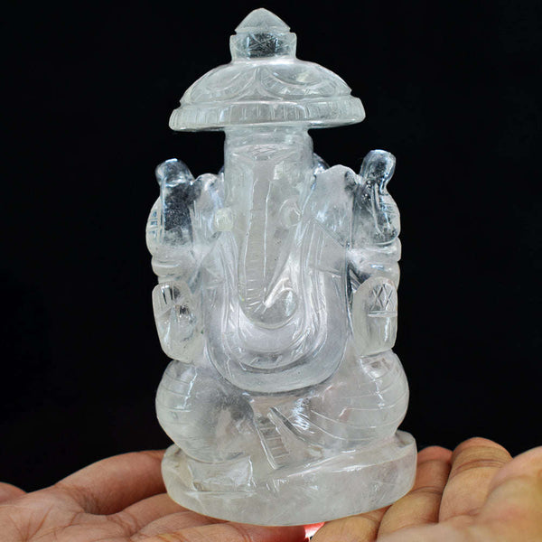 gemsmore:Beautiful White Quartz Hand Carved Idol Lord Ganesha With Throne