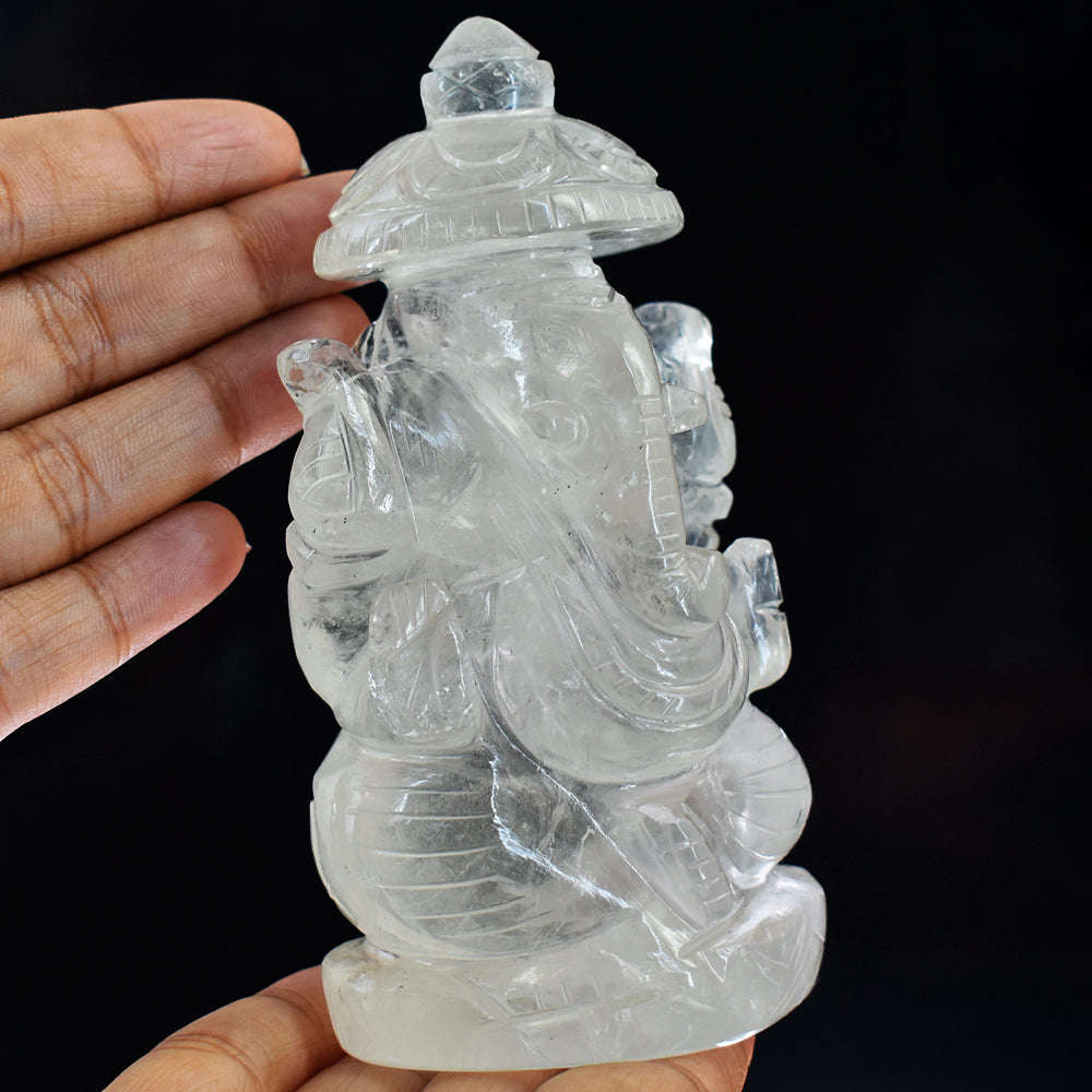 gemsmore:Beautiful White Quartz Hand Carved Idol Lord Ganesha With Throne