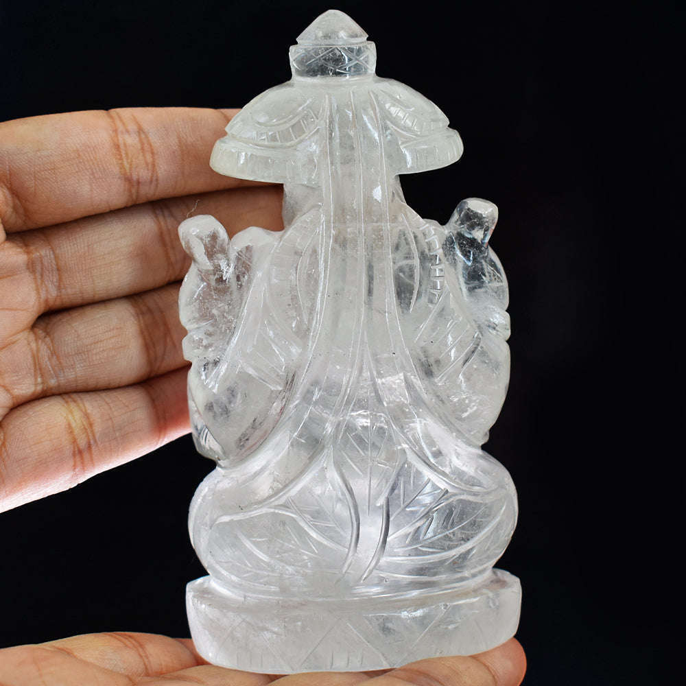 gemsmore:Beautiful White Quartz Hand Carved Idol Lord Ganesha With Throne