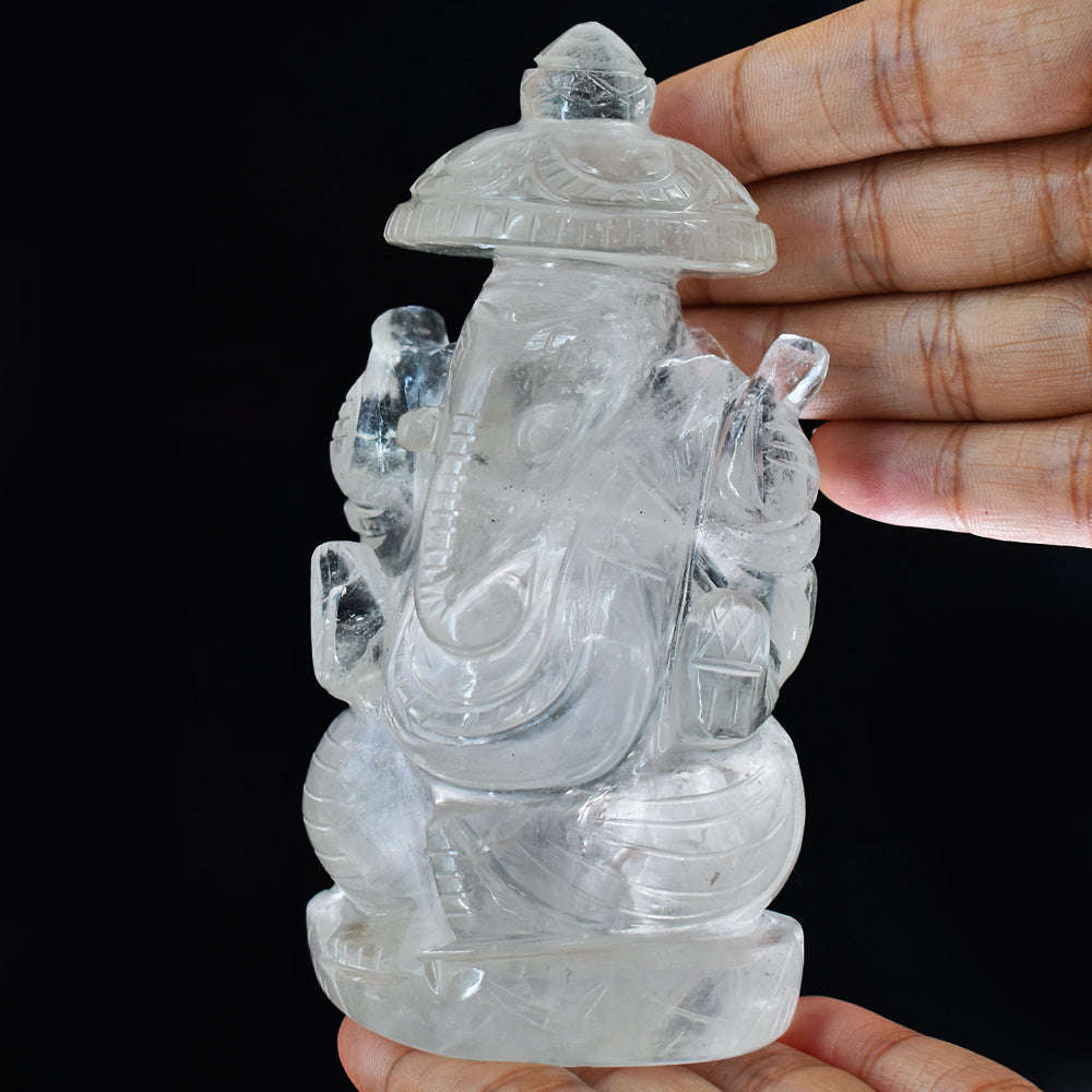 gemsmore:Beautiful White Quartz Hand Carved Idol Lord Ganesha With Throne