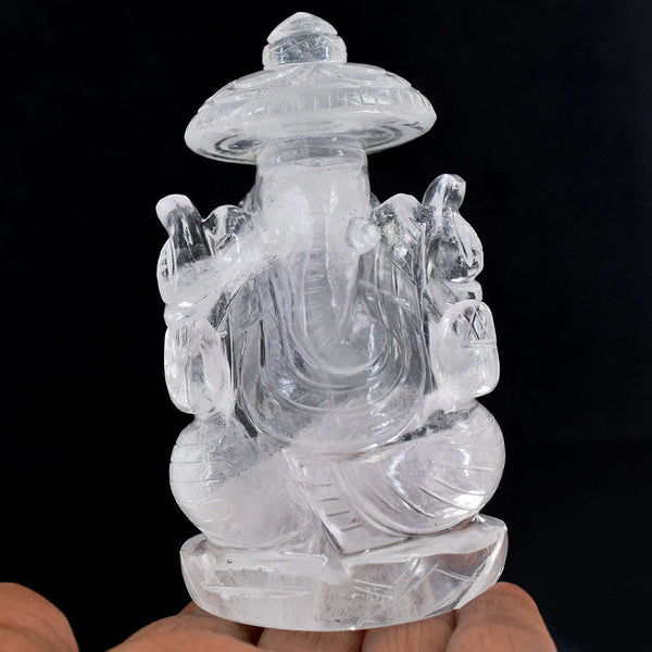 gemsmore:Beautiful  White Quartz  Hand Carved  Lord Ganesha With Throne