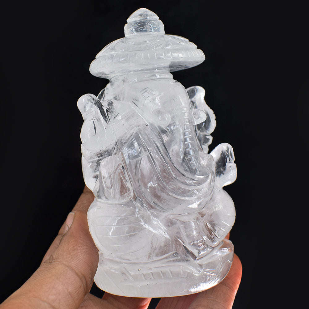 gemsmore:Beautiful  White Quartz  Hand Carved  Lord Ganesha With Throne