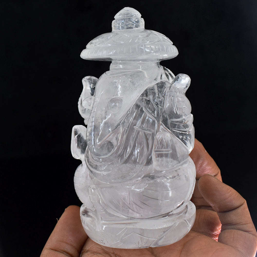 gemsmore:Beautiful  White Quartz  Hand Carved  Lord Ganesha With Throne