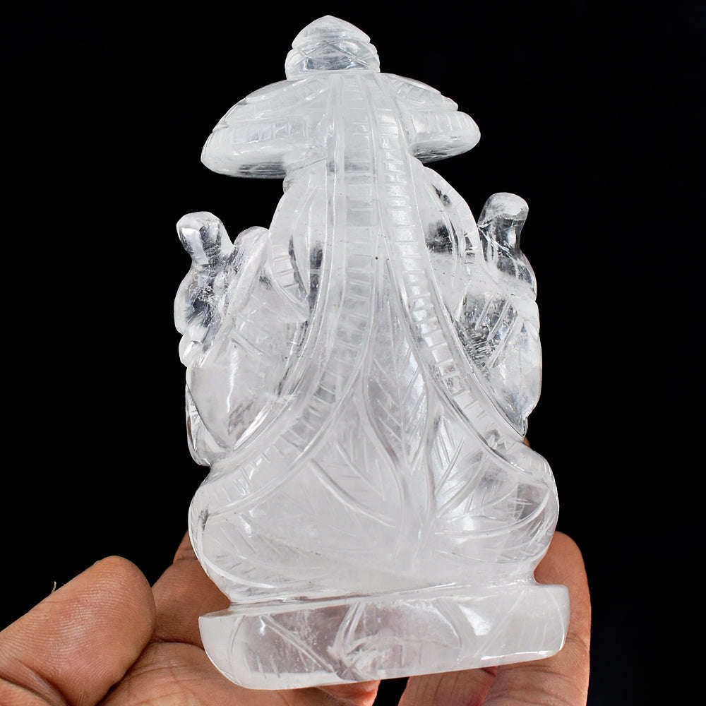 gemsmore:Beautiful  White Quartz  Hand Carved  Lord Ganesha With Throne