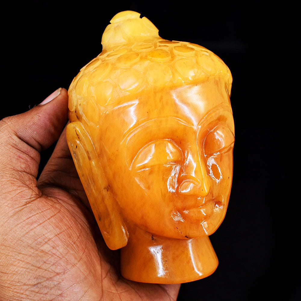 gemsmore:Beautiful Yellow Aventurine  Hand Carved Genuine Crystal Gemstone Carving Buddha Head