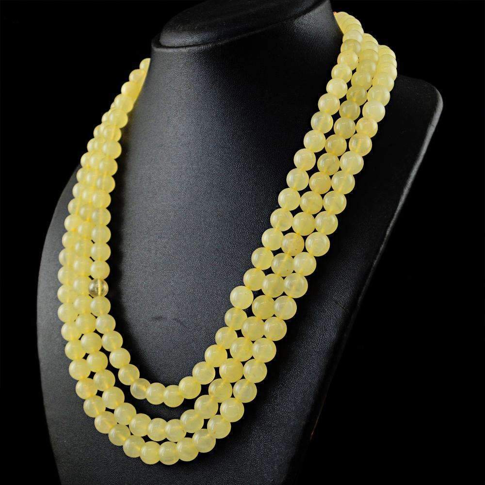 gemsmore:Beautiful Yellow Aventurine Necklace Natural 3 Line Round Shape Beads