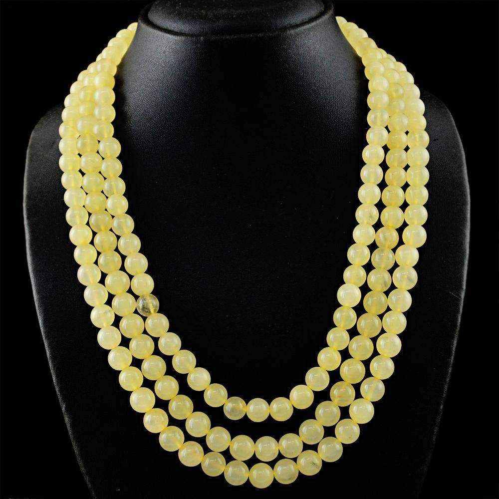 gemsmore:Beautiful Yellow Aventurine Necklace Natural 3 Line Round Shape Beads