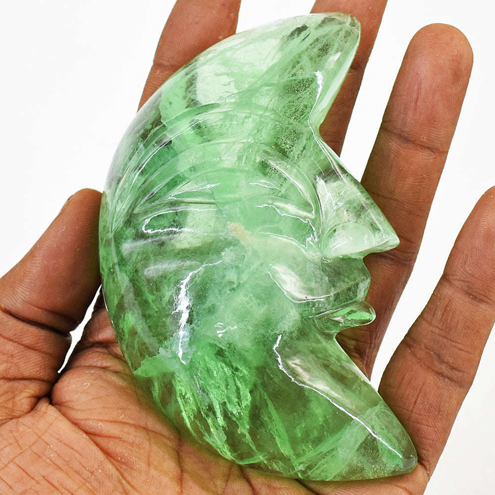 gemsmore:Beautifully Carved Green Fluorite Moon Face