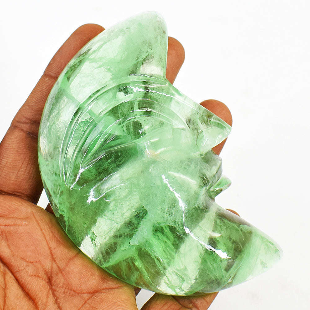 gemsmore:Beautifully Carved Green Fluorite Moon Face