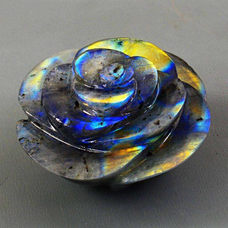 gemsmore:Beautifully Hand Carved Golden & Blue Flash Labradorite Rose