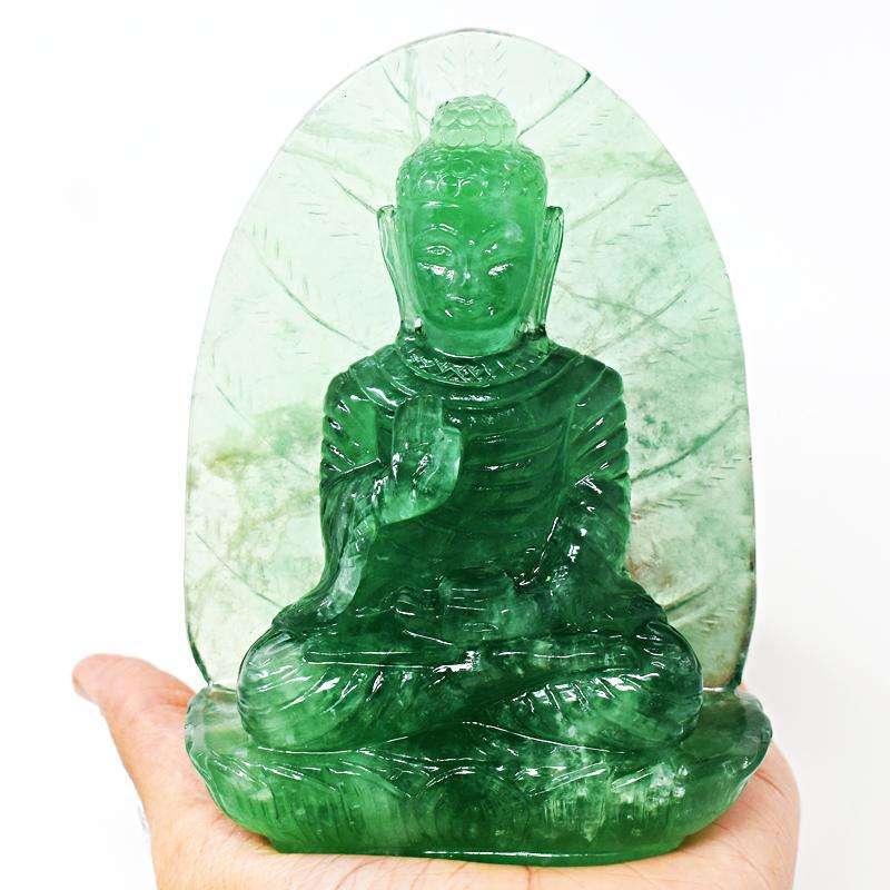 gemsmore:Beautifully Hand Carved Green Fluorite Lord Buddha