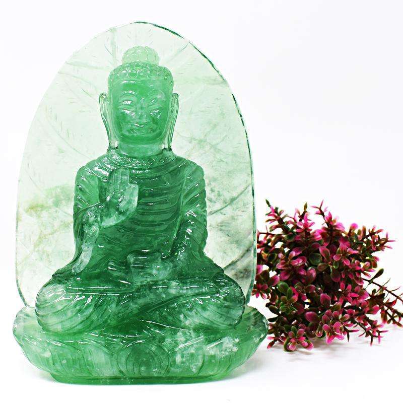 gemsmore:Beautifully Hand Carved Green Fluorite Lord Buddha