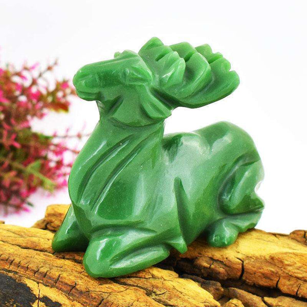 gemsmore:Beautifully Hand Carved Green Jade Reindeer