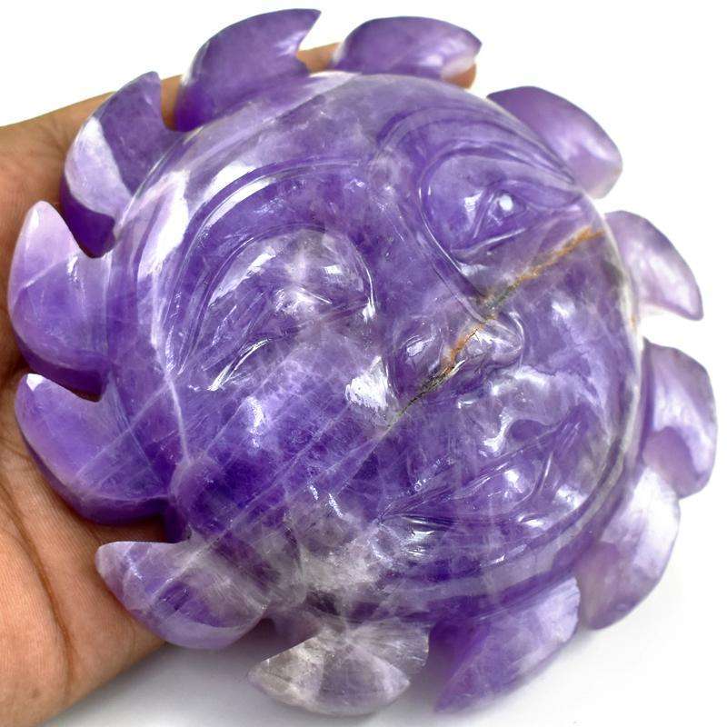 gemsmore:Beautifully Hand Carved Purple Amethyst Sun Face