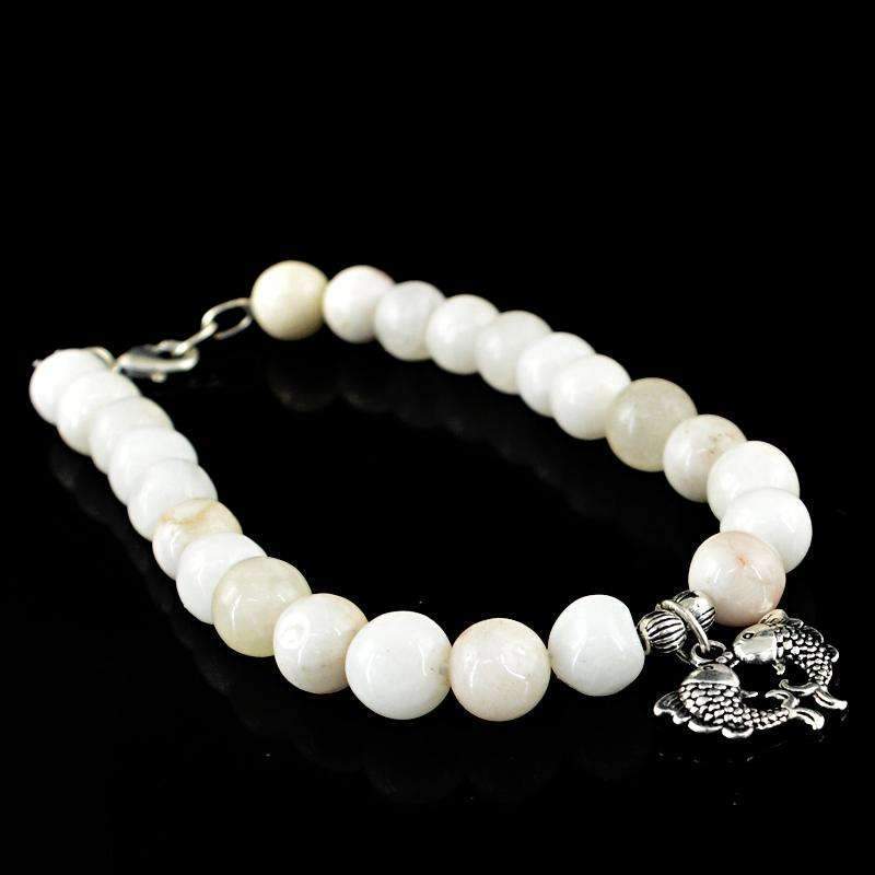 gemsmore:Best Quality White Agate Bracelet Natural Round Shape Beads