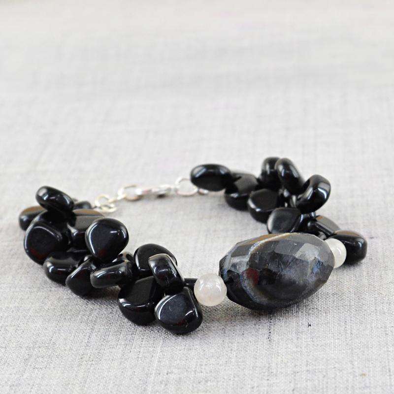 gemsmore:Black Spinel & Black Onyx Bracelet - Natural Pear Shape Beads
