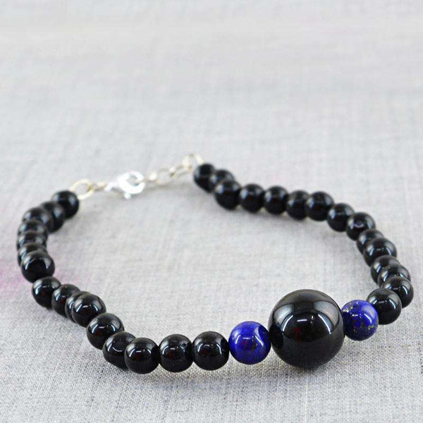 gemsmore:Black Spinel & Blue Lapis Lazuli Bracelet Natural Round Shape Beads