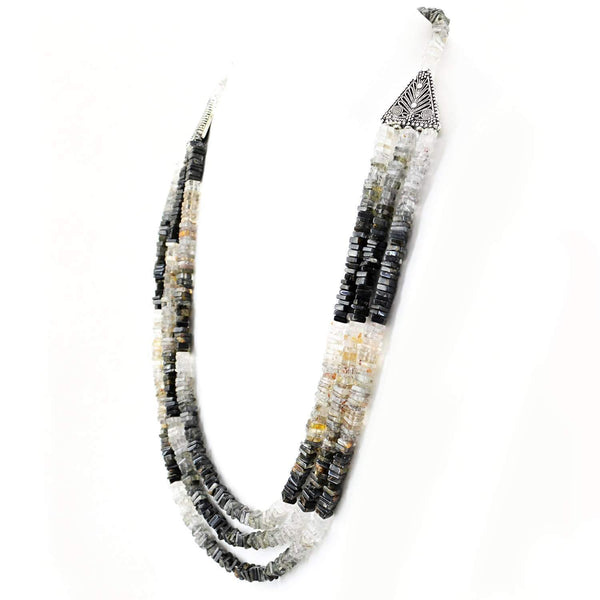 gemsmore:Black & White Rutile Quartz Necklace Natural 3 Strand Unheated Beads - Rare